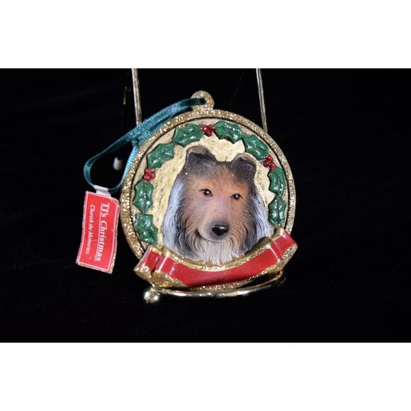 T J Christmas Collie Dog Ornament 3-D Head with Holly Red Ribbon Resin 3" Dia. - Picture 1 of 2